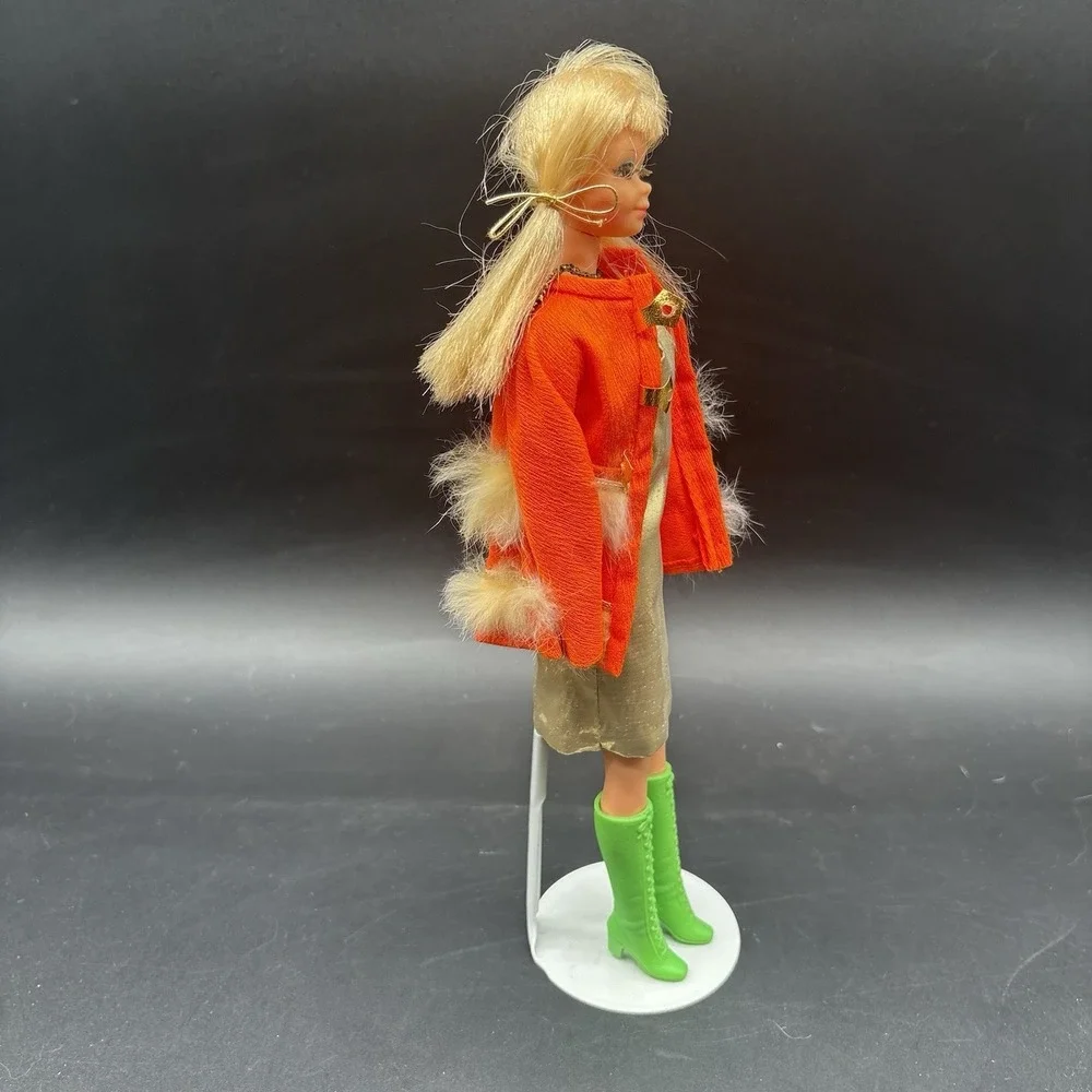 Vintage 1970s Barbie Doll Orange Fur Trim Jacket Gold Dress Green Boots